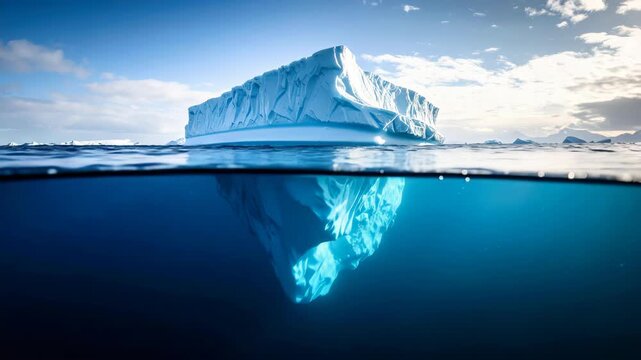 Massive iceberg floating in the deep blue arctic ocean with a split view of the submerged ice block