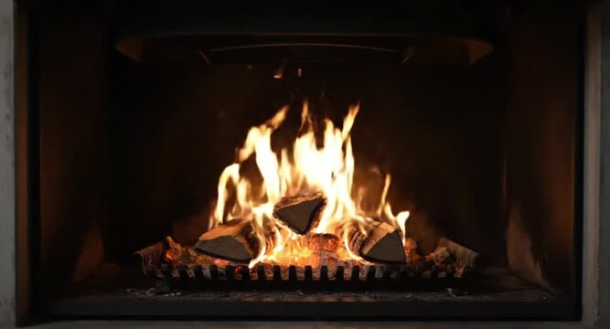 Cozy fireplace flames burning wood logs, radiating warmth and comfort indoors.