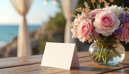 Obraz premium Blank table card mockup next to pink roses bouquet in glass vase on wood table. Outdoor celebration setting, likely beach wedding reception. Soft drapes and ocean view in background.