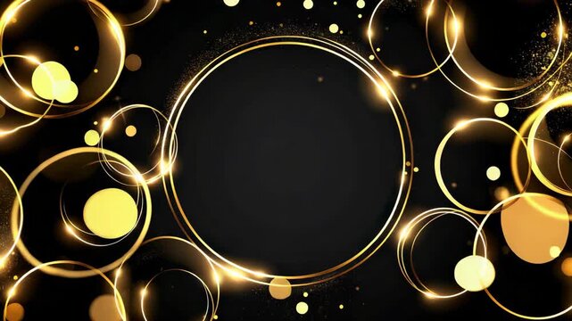 Luxury golden rings with shimmering glitter and light bokeh particles on an elegant black background for premium awards