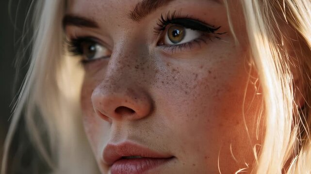 Realistic close-up view of a woman with striking eyes and natural freckles in a calm outdoor setting during golden hour