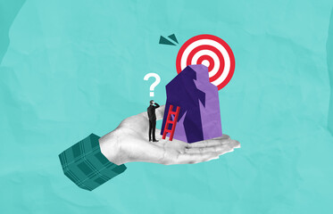 Obraz premium Surreal collage of person facing obstacle toward target held in large hand within abstract scene revealing challenge theme.