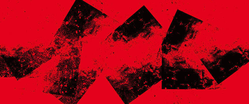 Grunge distressed vector shapes with glitch effect noise texture trendy error defect glitched style  halftone screen print red background.