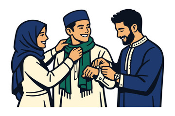 Fototapeta premium muslim friends dressing up for a celebration,adjusting scarf and shirt.