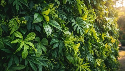 Lush Green Wall of Vibrant Leaves with Sunlight Filtering Through in a Serene Garden