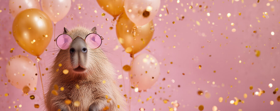 Funny capybara wearing round sunglasses holding happy birthday balloons and confetti explosion flying around greeting card on pink background with copy space.