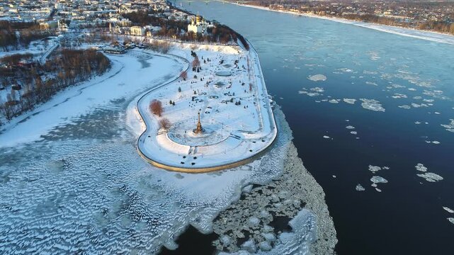 View from the height on the arrow of the Volga and Kotorosli rivers on a January day (aerial video). Yaroslavl, Golden ring of Russia