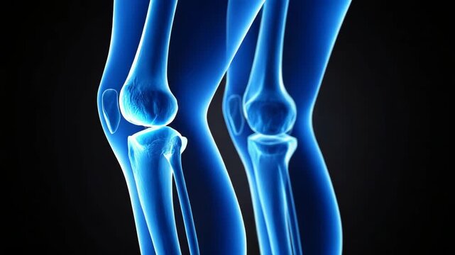 Detailed blue medical 3D rendering of human knee joints showcasing femur tibia and patella bones