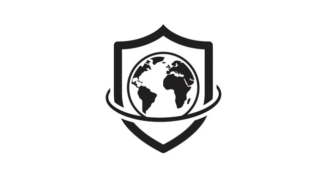 Black and white shield with globe.