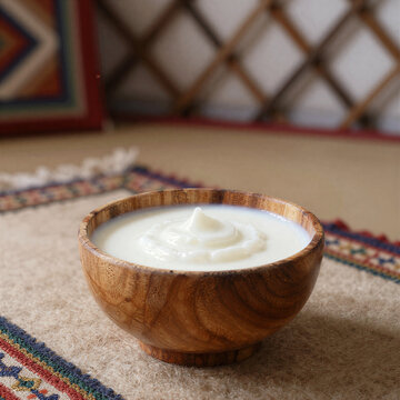 Bowl of Fermented Mare Milk Kumis in Yurt