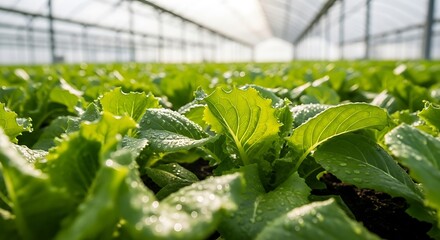 Fresh green lettuce plants growing in hydroponic farm with water irrigation system under natural light
