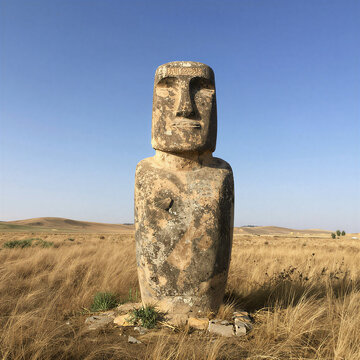 Ancient stone Balbal statue in grassy steppe