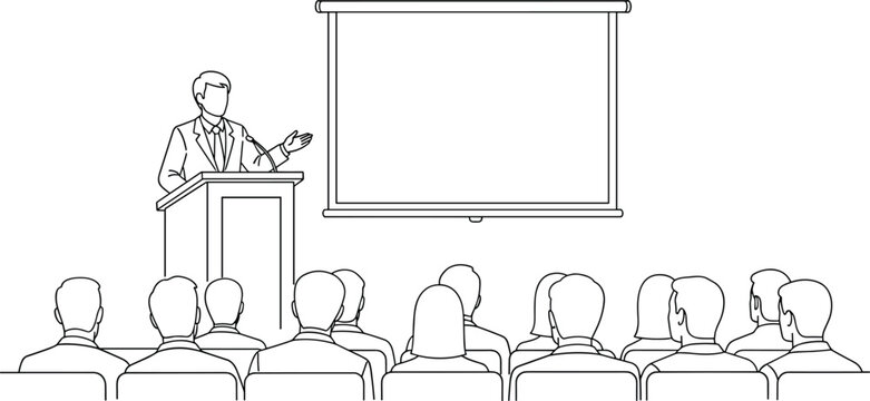 Businessman Giving Presentation to Audience Line Art Illustration Representing Corporate Seminar, Professional Training, Office Conference and Workplace Communication Concept