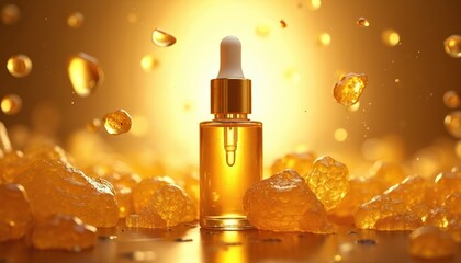 Naklejka premium Golden honey serum bottle with honeycomb pieces. Liquid drips from dropper. Amber droplets float around. Product for skin care. Healthy glow.