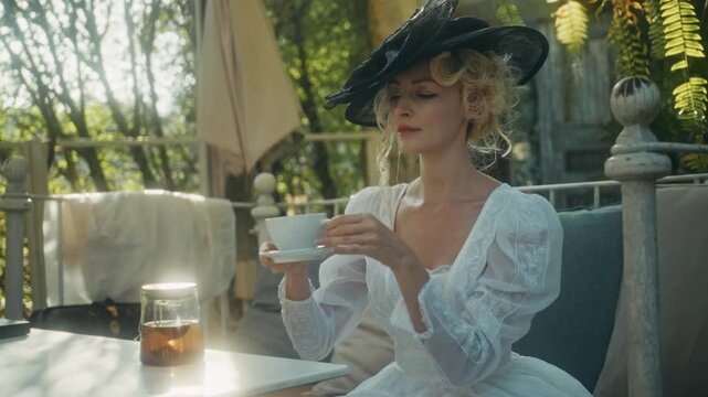 Graceful Lady Serving Amber Tea Outdoors. Serene Garden Setting With Woman Pouring Tea Gracefully