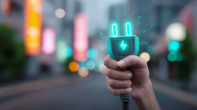 Telephoto close up hand holding glowing EV charging plug icons, electric mobility concept featuring sustainable transportation, clean energy innovation, charging infrastructure and green technology