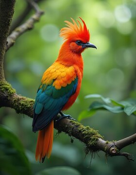 Andean cock of the rock bird with bright orange and red plumage rests on mossy branch in rich green jungle. Male bird has distinctive crest. Wild fauna in natural habitat.