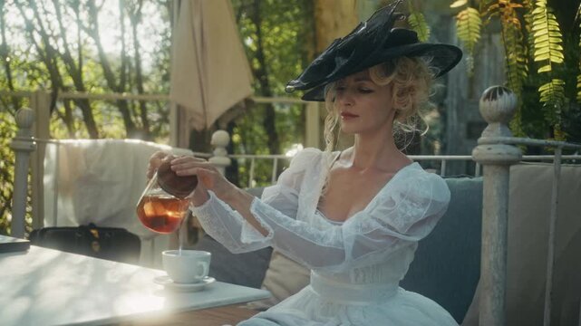 Graceful Lady Serving Amber Tea Outdoors. Serene Garden Setting With Woman Pouring Tea Gracefully