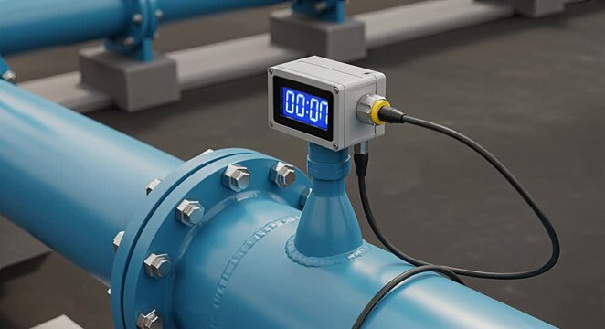 Industrial pipeline flow meter display, monitoring equipment data, measuring system pipeline, digital display.