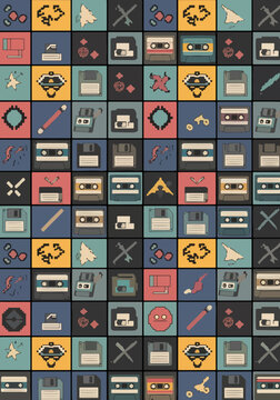 Colorful retro pixel art pattern design featuring cassette tapes and floppy disks in a grid