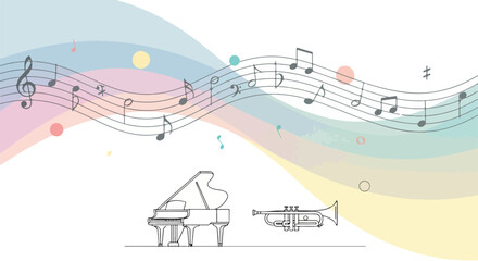 Musical illustration featuring piano, trumpet, and flowing musical notes © mutia