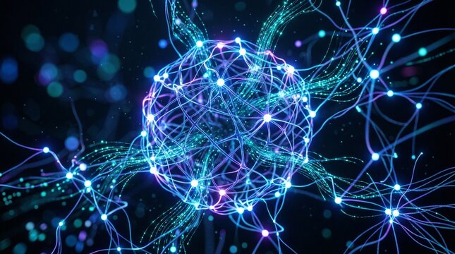 Neural Network: A visually striking representation of a neural network, illuminating the intricate connections and complex processes within the realm of technology and science.