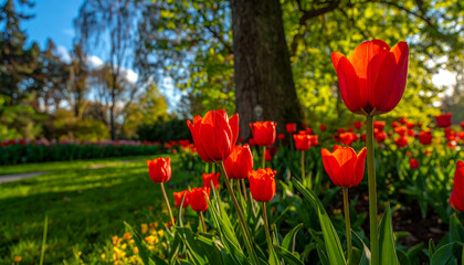 Tulips in Bloom: Capturing the vibrant beauty of spring, a garden bursts with a kaleidoscope of red tulips, their petals unfurling in the warm sunlight amidst lush greenery. 