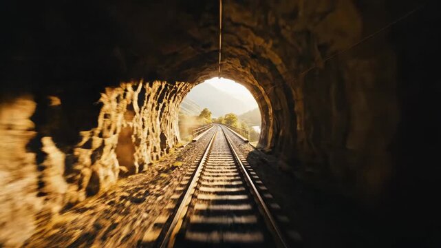 A train tunnel with bright exit. Tracks lead to a distant clearing filled with trees and a luminous sky