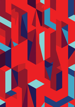 Abstract geometric composition featuring three-dimensional shapes and vibrant color interplay.