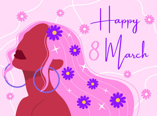 Illustration of a girl on a light pink background. Greeting card for Women's Day.