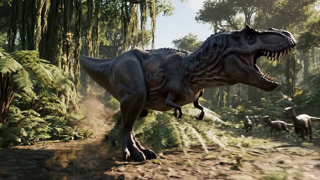 A Tyrannosaurus Rex charging through a lush green jungle environment, showing a fearsome presence