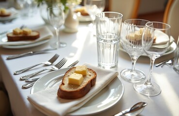 Fototapeta premium Elegant table setting features bread with butter on plate. Silverware, wine glasses, and water glass are arranged neatly for meal. Formal dining setup awaits guests.