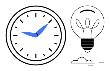 Time management, productivity, creativity, innovation, brainstorming, energy. Minimalist clock with blue hands next to a light bulb illustration. Time management and creativity concept © robu_s
