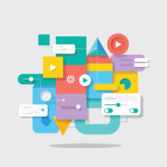 A colorful, abstract composition of shapes and play icons on a light grey background