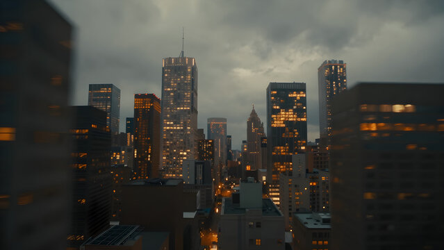 Cityscape at night with tall buildings and skyscrapers lit up by warm orange and yellow lights