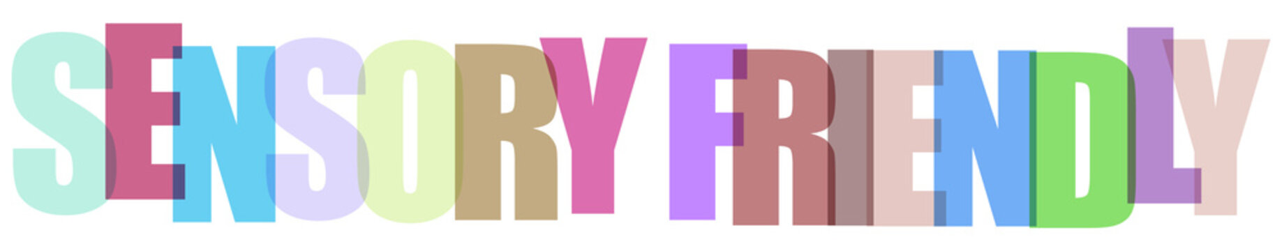 Colorful block letters spelling sensory friendly on autism black background text