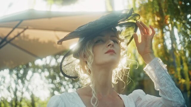 Reflective Gardener In Lush Surroundings. Serene Female Scientist Immersed Amid Vibrant Foliage