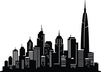 Obraz premium Silhouette city skyline, urban skyscrapers, metropolitan buildings, architectural design, modern high rise, urban landscape, cityscape illustration, business district, skyline view