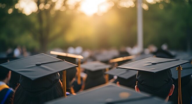 Graduation ceremony with multiple graduates wearing black caps and tassels in an outdoor setting at sunset