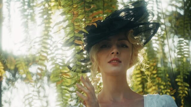 Reflective Gardener In Lush Surroundings. Serene Female Scientist Immersed Amid Vibrant Foliage