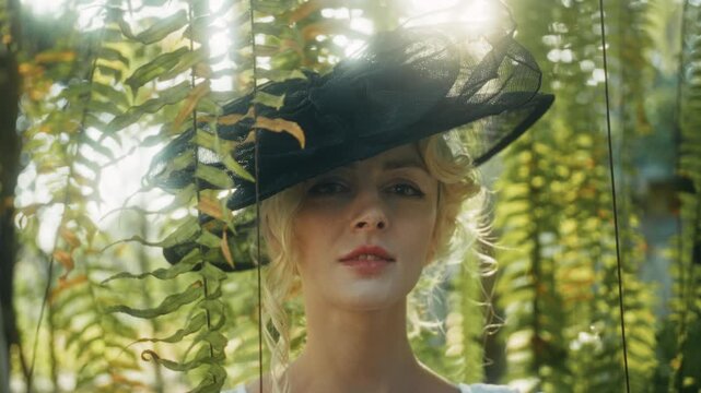 Reflective Gardener In Lush Surroundings. Serene Female Scientist Immersed Amid Vibrant Foliage