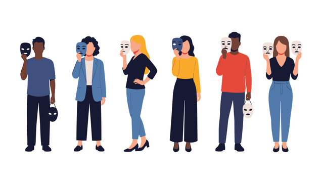 Diverse individuals are holding masks with different expressions to represent social anxiety and hidden emotions.