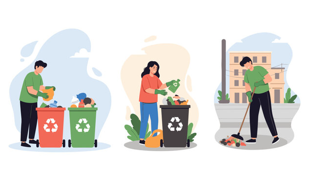 Environmentally conscious people are cleaning up the neighborhood by sweeping streets and sorting trash for recycling.