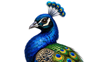 Fototapeta premium Close up portrait of a vibrant blue and green peacock head and neck on white background