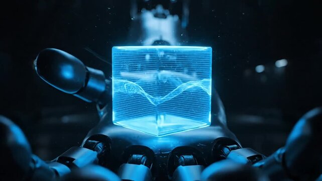 Robotic hand holding futuristic transparent cube with glowing blue light showcasing secure future with powered AI in 4k