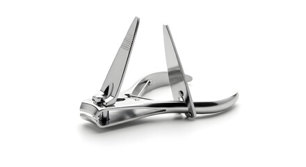 A pair of stainless steel nail clippers on a white background