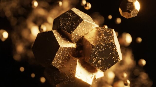 Abstract Cinematic Display of Gleaming Golden Geometric Shapes Floating in Dark Space with Subtle Particle Effects