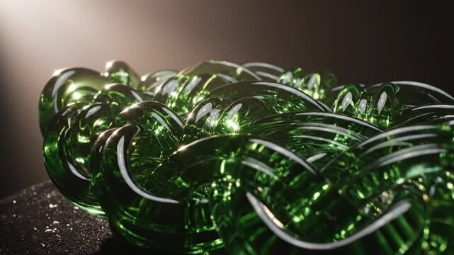 Shining detailed macro shot of emerald green glass braid under warm lighting and dark backdrop for jewelry design