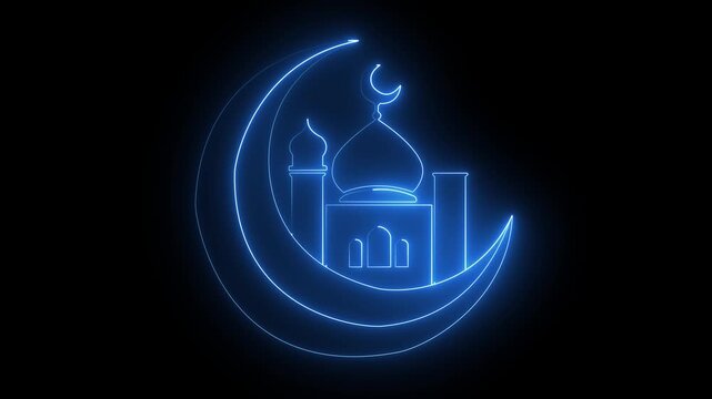 Neon Crescent Moon and Mosque Glow Animation on Dark Background for Islamic Greetings.