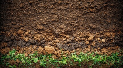 Detailed Close-Up of Rich Soil Layers with Dark Earth, Grass Roots, and Organic Matter, Perfect for Agriculture, Gardening, and Environmental Themes